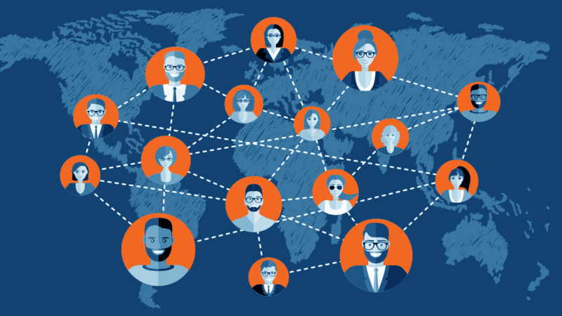 virtual teams all over the globe on a flat map