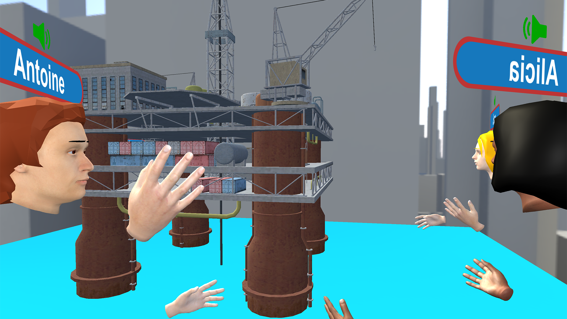 image of a number of avatars in a encrypted model room looking at a model of an off-shore oil rig