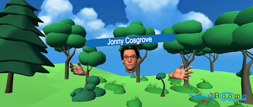 an avatar of Jonny Cosgrove demonstrating the update to audio linking with speech and an audio marker above the head of who is speaking