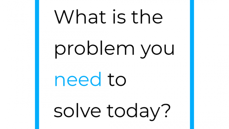Inside the box text "what is the problem you need to solve today?" Image with White background and a blue central box with text in it Top text "VR for Work Executive Insight #1"